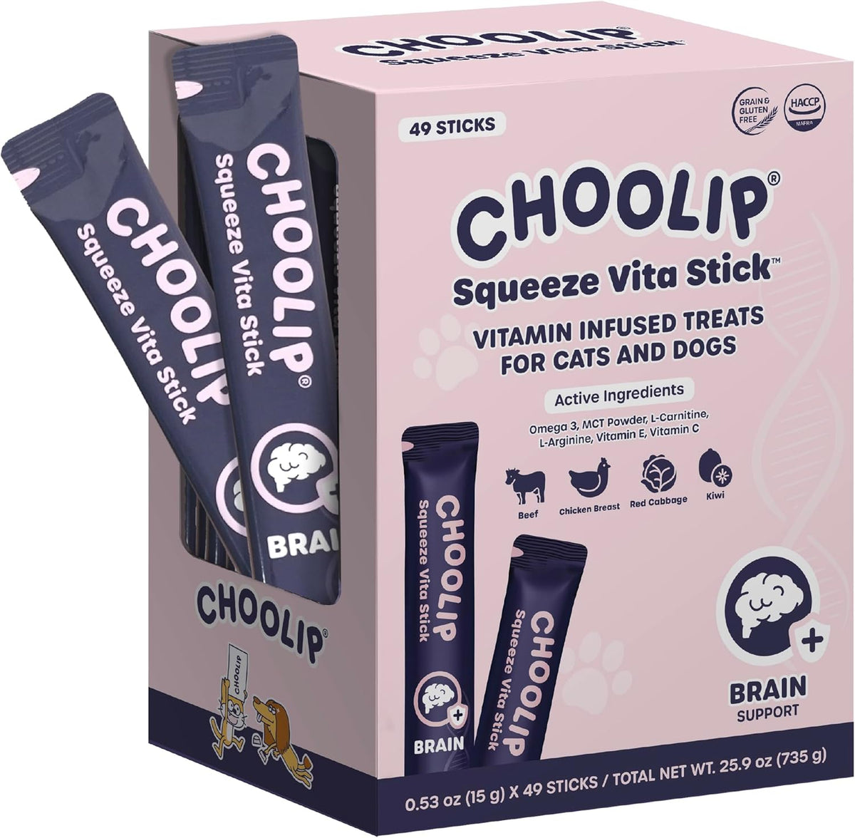 Grab & Go Squeeze Vita Stick Lickable Treats for Dogs & Cats. 49 Brain Support Sticks with