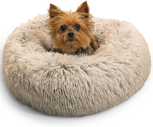 Best Friends by Sheri Original Calming Donut Dog and Cat Bed, Shag Faux Fur, Taupe, XS (18in x