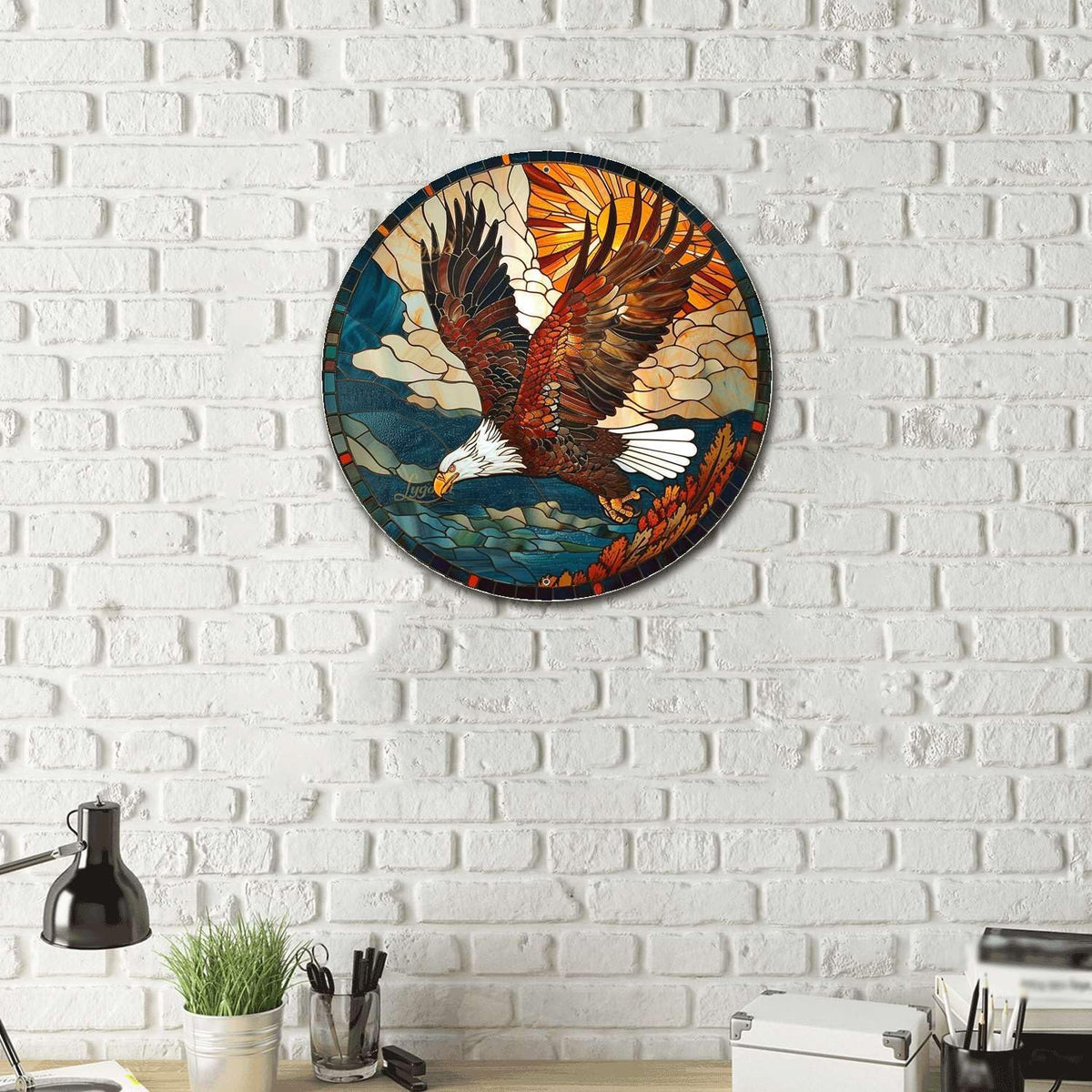 Lygond Metal Sign Tin Sign Circular Stained Glass American Bald Eagle Tin Signs for Garden for Gift