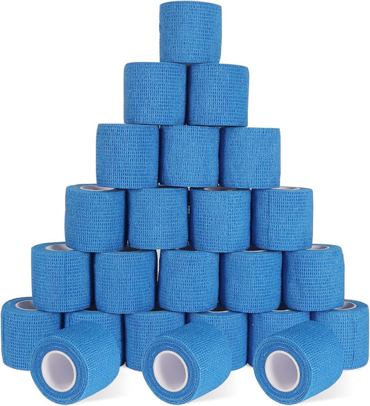 24 Pack Self Adherent Cohesive Wrap Bandages, 2” x 5 Yards Blue Athletic Tape, Medical Tape, Vet