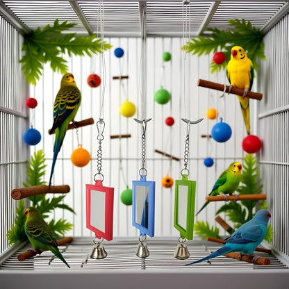 1Pc Random Color Pet Bird Mirror with Bell Interactive Parrot Toys for Budgies Parakeets Conures
