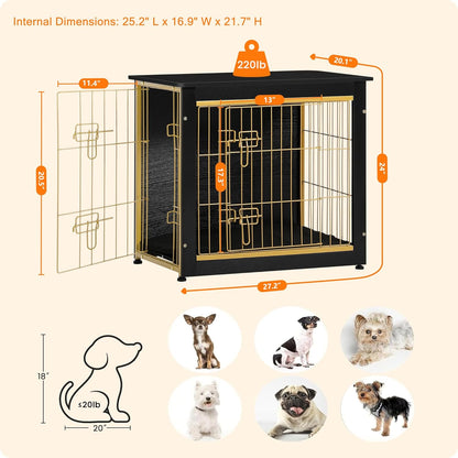 DWANTON Dog Crate Furniture with Cushion, Wooden Kennel Table with Double Doors, Indoor Dog House