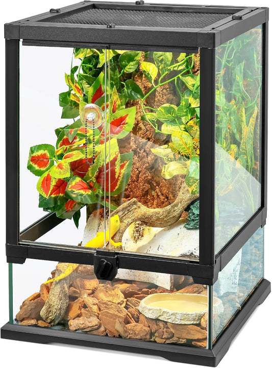 18x12x12 12 Gallon Glass Reptile Tank Front Opening Terrarium Suitable for Leopard Geckos, Snakes