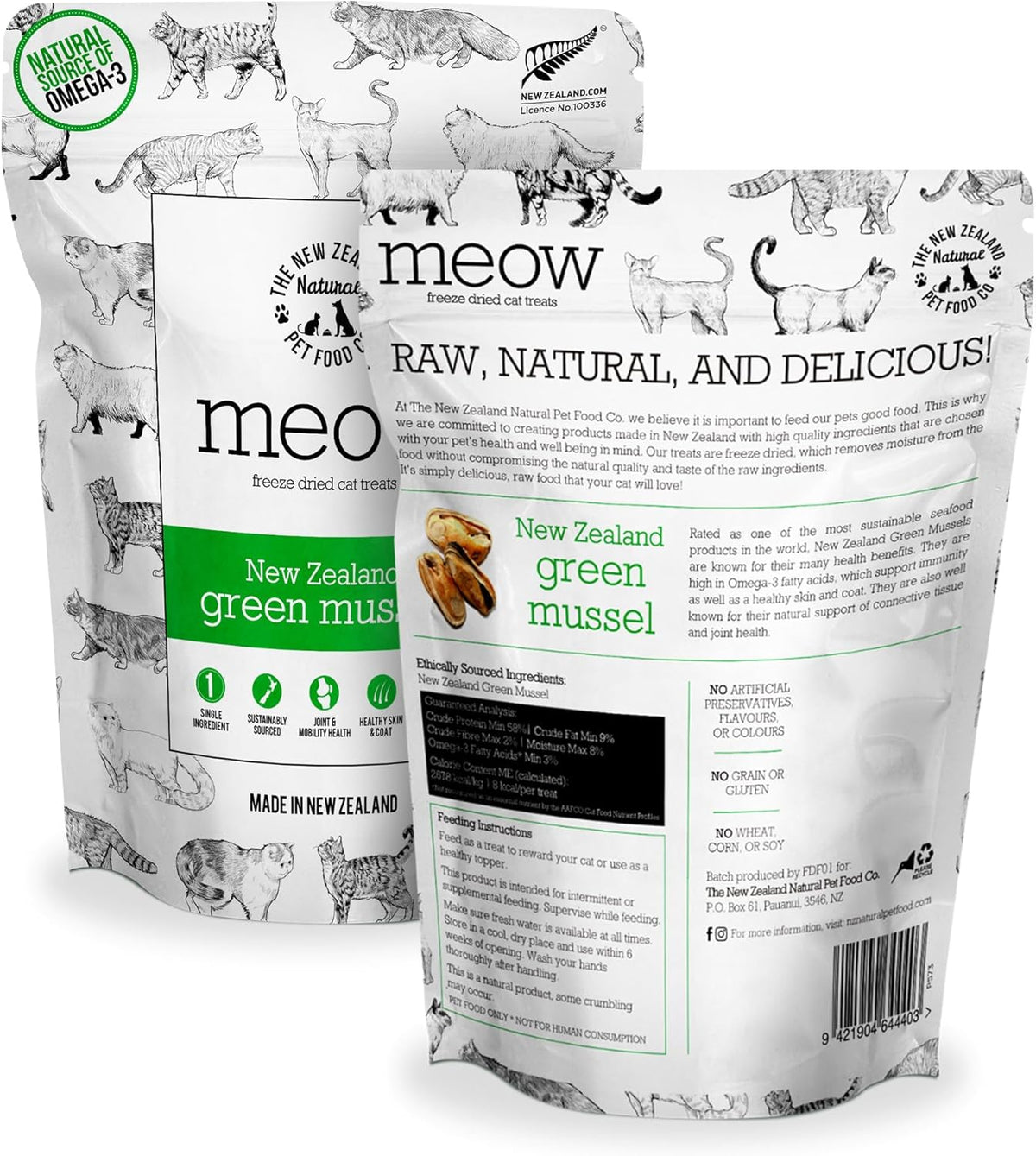 Meow Freeze Dried Cat Treats - New Zealand Green Mussel, High Protein, Healthy Cat Snacks and