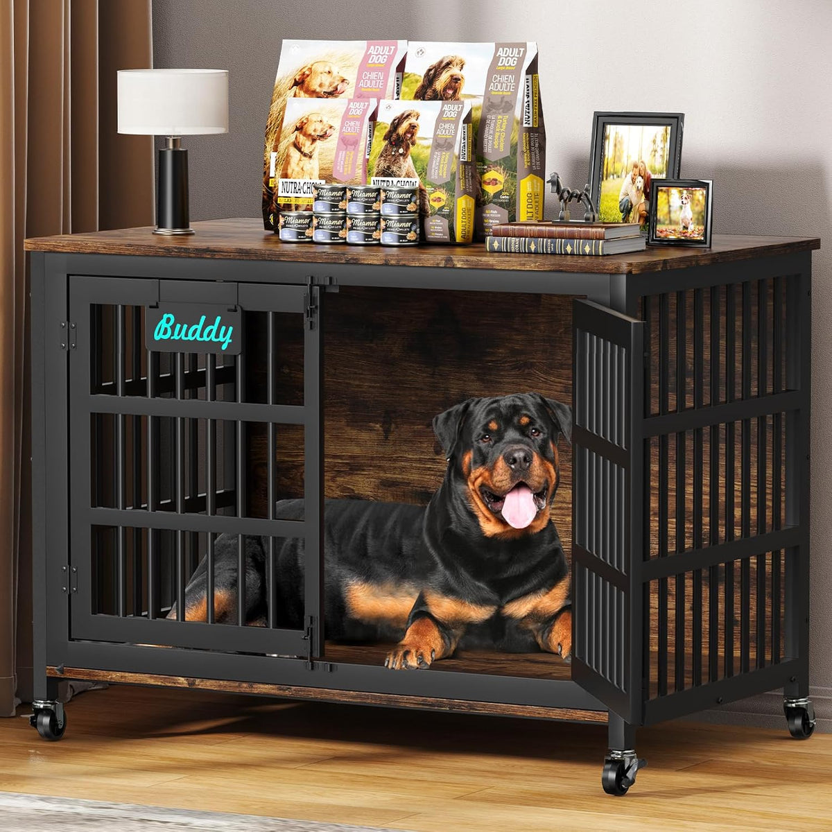 EasyCom 48"/42"/33" Dog Crate Furniture with Name Tag, Heavy Duty Dog Kennel Indoor for Large Dogs