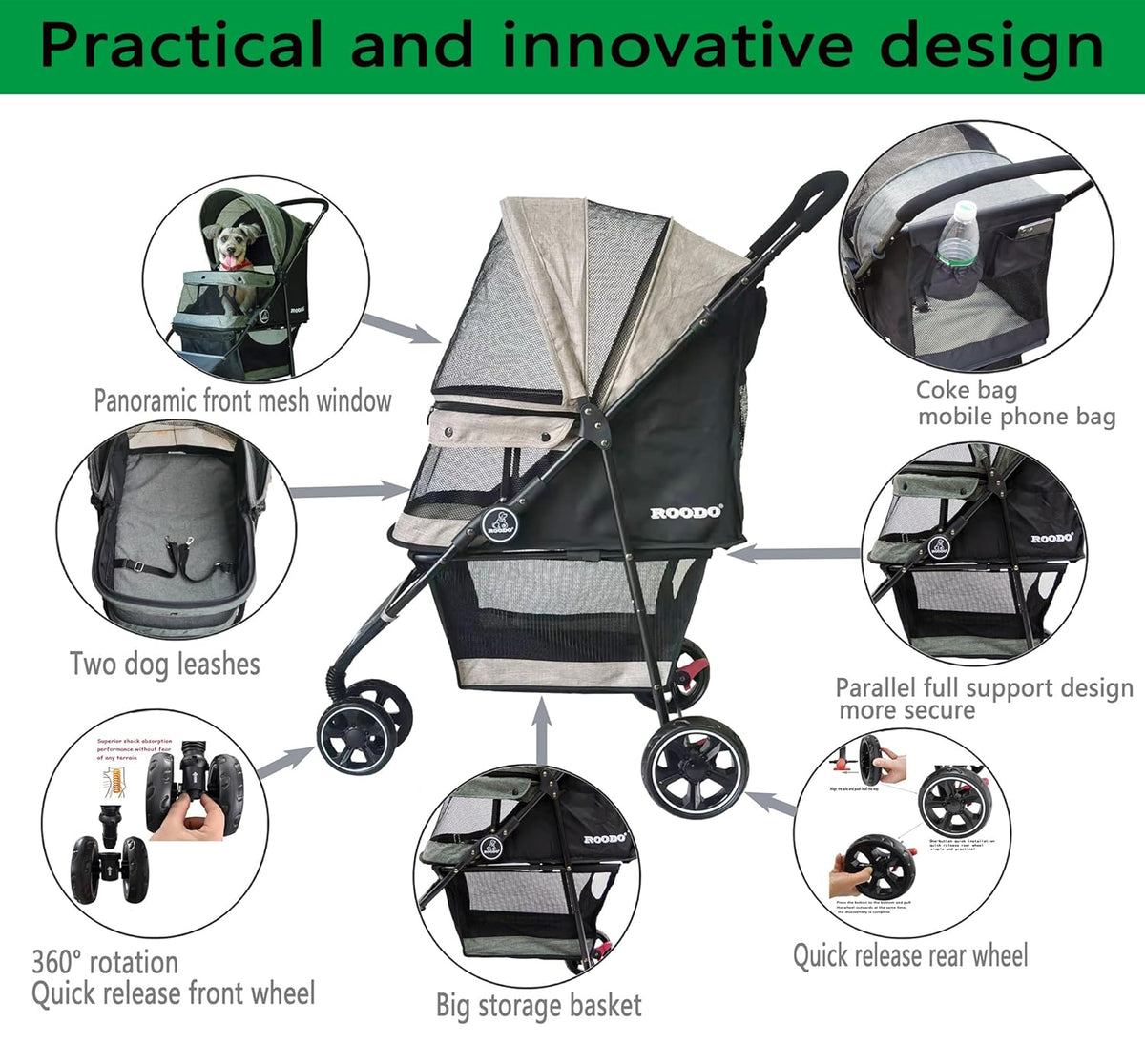 ROODO 3 Wheel Dog Pet Cat Stroller Best Lightweight Foldable Compact Portable Jogger All Terrain