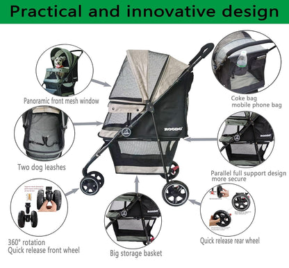 ROODO 3 Wheel Dog Pet Cat Stroller Best Lightweight Foldable Compact Portable Jogger All Terrain