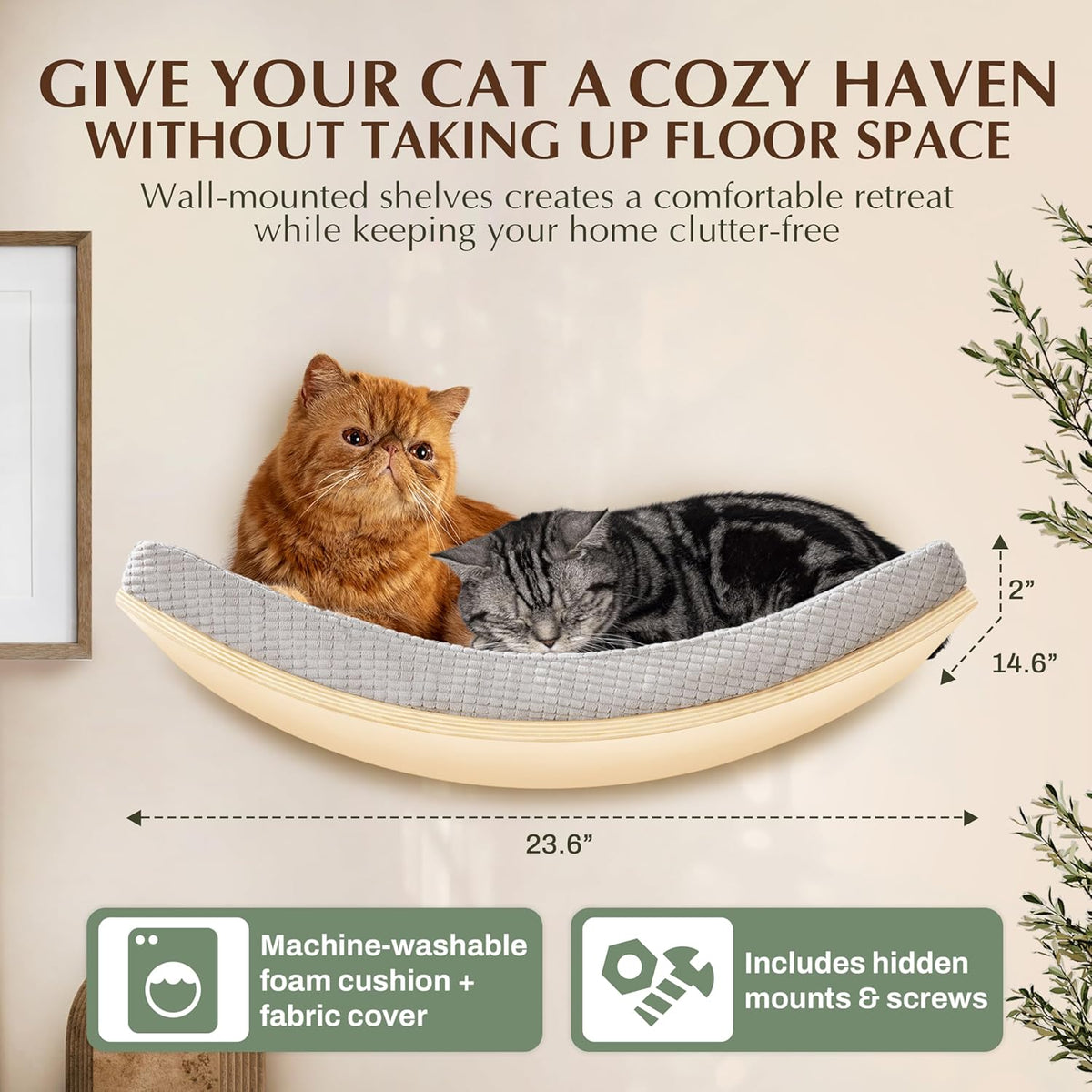 Extra Large 23.6”×14.6” CALLICO HAVEN- Stylish Cat Wall Shelves with Curved Design, Modern