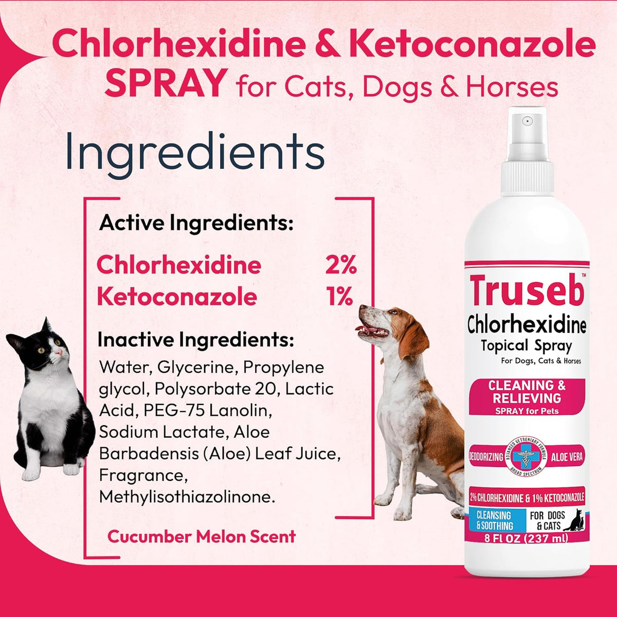 Truseb Topical Ketoconazole and Chlorhexidine Spray for Dogs, Cats, and Horses with Aloe - 8 oz