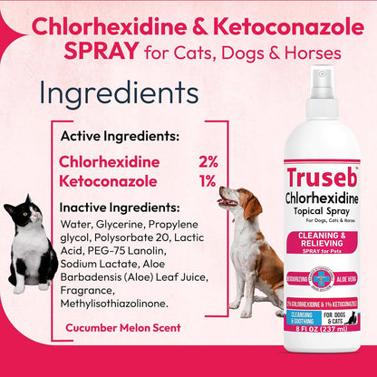 Truseb Topical Ketoconazole and Chlorhexidine Spray for Dogs, Cats, and Horses with Aloe - 8 oz