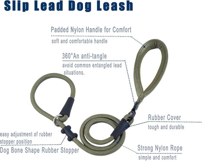 Slip Lead Dog Leash，Strong Nylon Rope Leash and Padded Handle,No Pull Outdoor Walking Training Lead