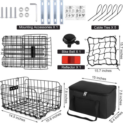 Aodaer Bike Basket with Removable Liner Bag Cargo Net Large Folding Bike Basket Quick Release Metal