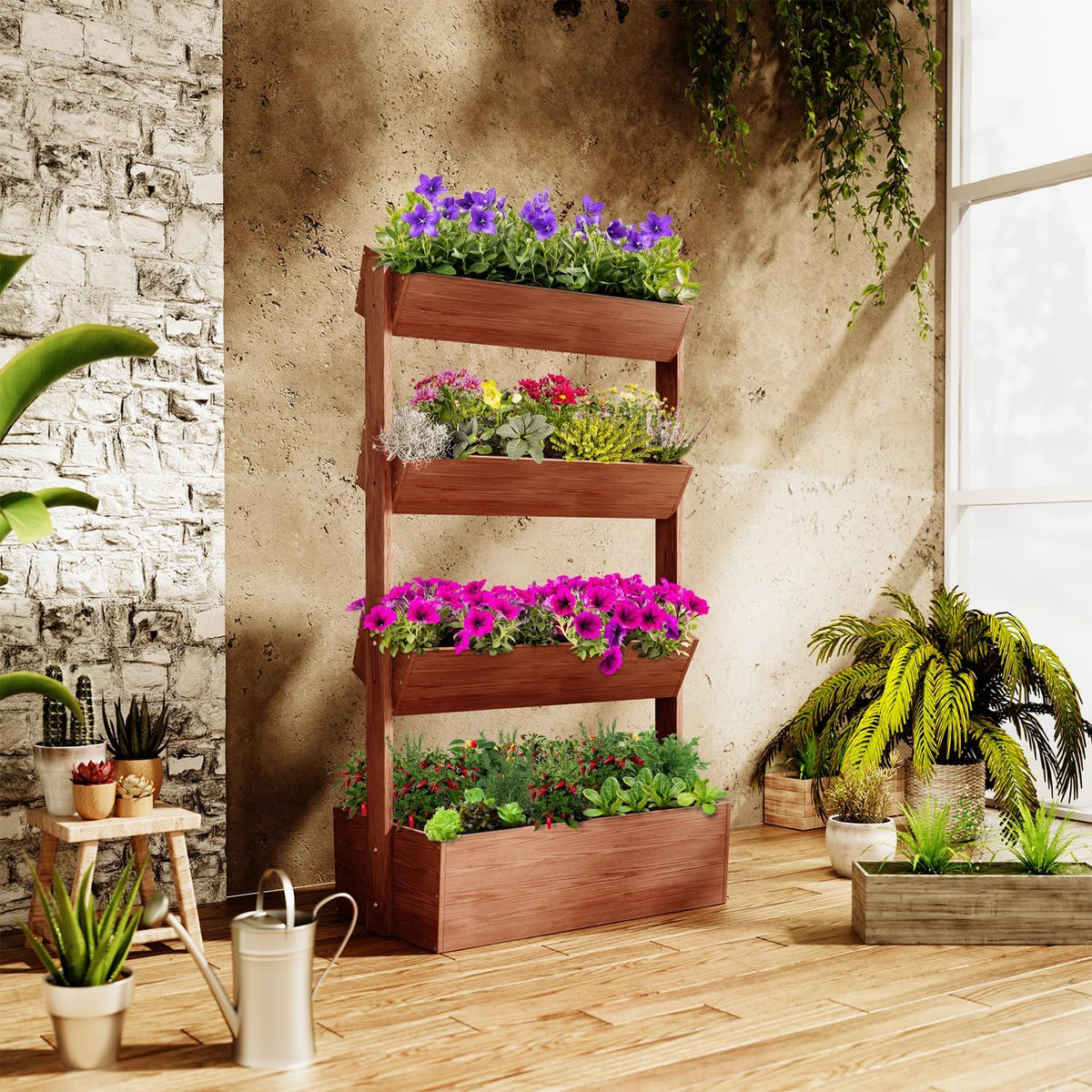 SUNYRISY 4 Tiers Vertical Wooden Raised Garden Bed Outdoor, Freestanding Garden Planter Box Stand