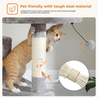 PAWZ Road 70 Inch Cat Tower, Tall Cat Tree with 2 Cozy Condos, 2 Plush Perch, Large Basket, 2