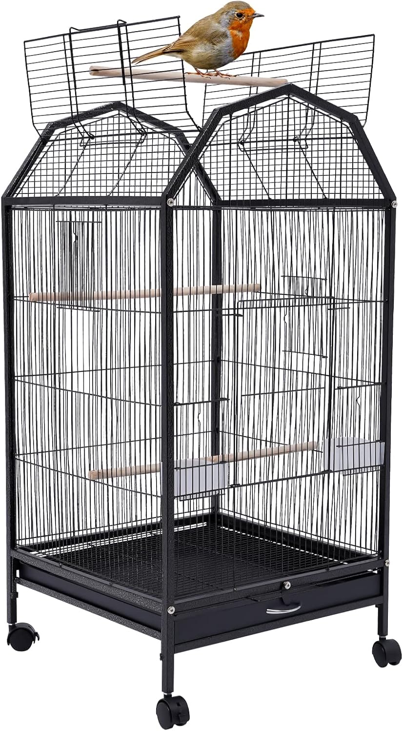 40-Inch Wrought Iron Bird Cage with Open-Top and Rolling Stand, Movable Parrot Cage Pet Bird Flight