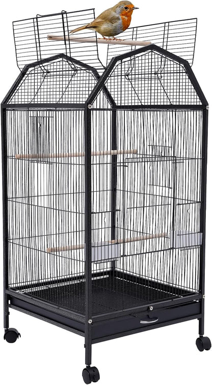 40-Inch Wrought Iron Bird Cage with Open-Top and Rolling Stand, Movable Parrot Cage Pet Bird Flight