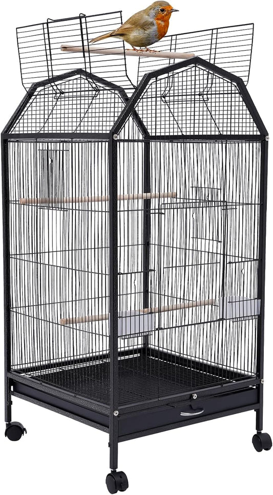 40-Inch Wrought Iron Bird Cage with Open-Top and Rolling Stand, Movable Parrot Cage Pet Bird Flight