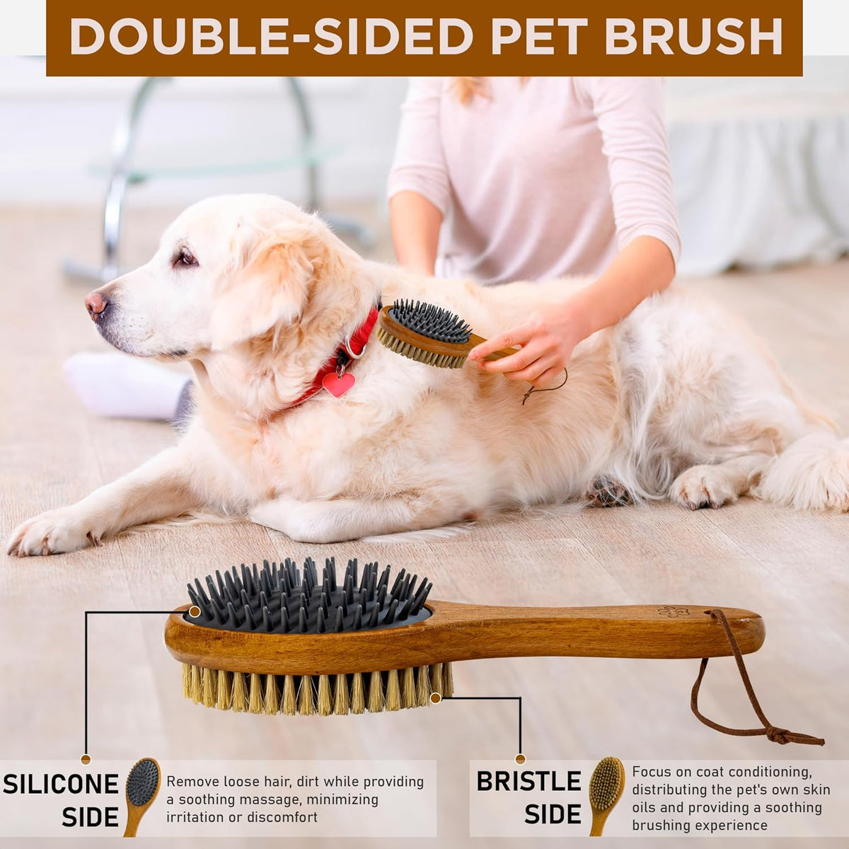 TAKAVU Short Hair Dog & Cat Deshedding Brush - Double Sided Grooming Tool with Silicone Massage &