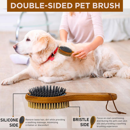 TAKAVU Short Hair Dog & Cat Deshedding Brush - Double Sided Grooming Tool with Silicone Massage &