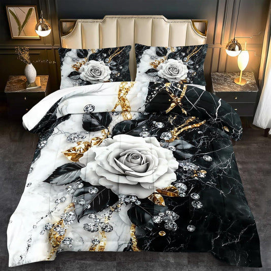Marble Floral Comforter Set for Full Bed Women,Vintage Flower Bedding Set Full,White and Black