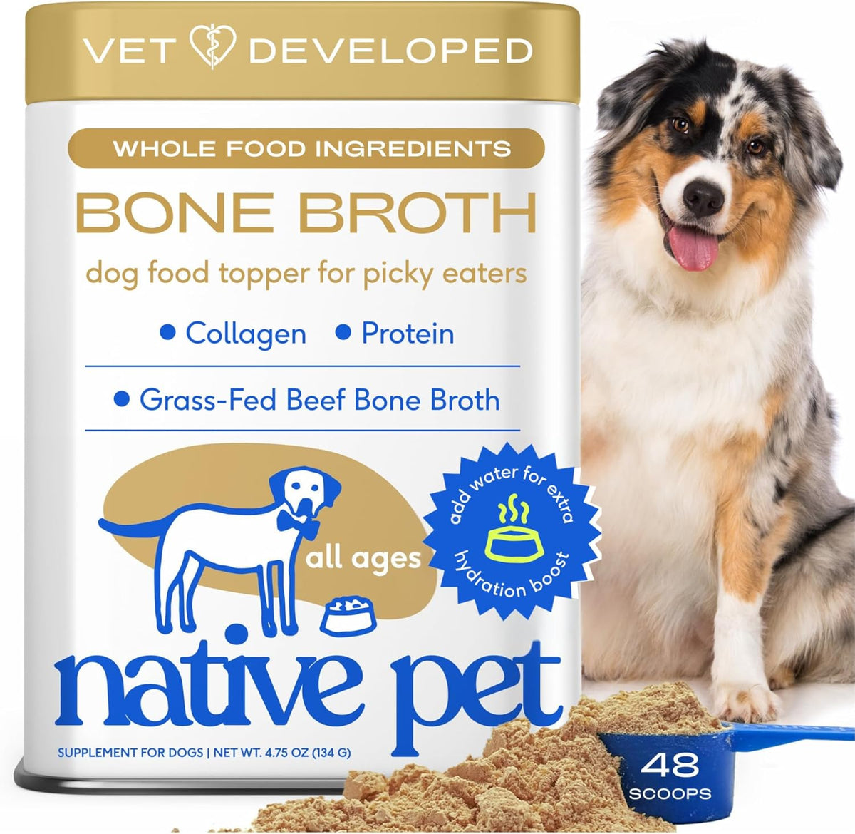 Native Pet Bone Broth for Dogs - Made with Real Beef Bone Broth, Dog Food Toppers for Picky Eaters