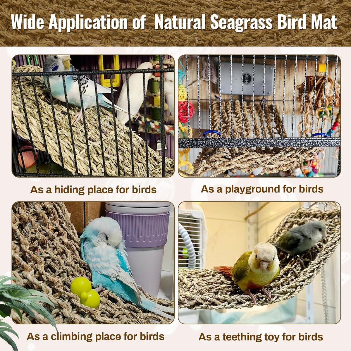 2Pcs 29.5 x 7 inches Large Bird Seagrass Mat Grass Woven Net Parrot Hammock Mat Parakeet Climbing