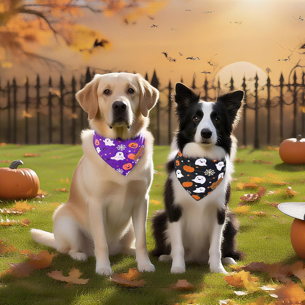 2 Pack Halloween Dog Bandanas,Leather Brand Logo, Double-Layed Soft Skin-Friendly Fabric, Autumn