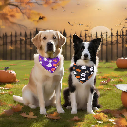 2 Pack Halloween Dog Bandanas,Leather Brand Logo, Double-Layed Soft Skin-Friendly Fabric, Autumn