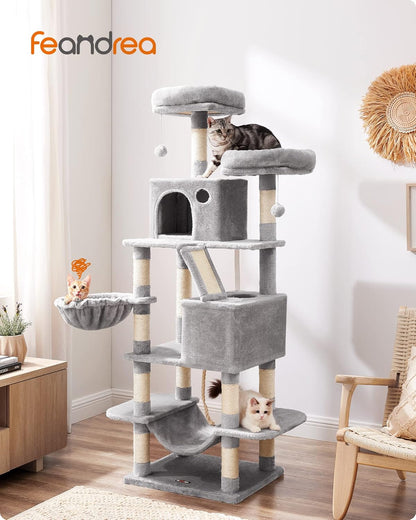 Feandrea Cat Tree, 66.1-Inch Large Cat Tower with 13 Scratching Posts, 2 Perches, 2 Caves, Basket