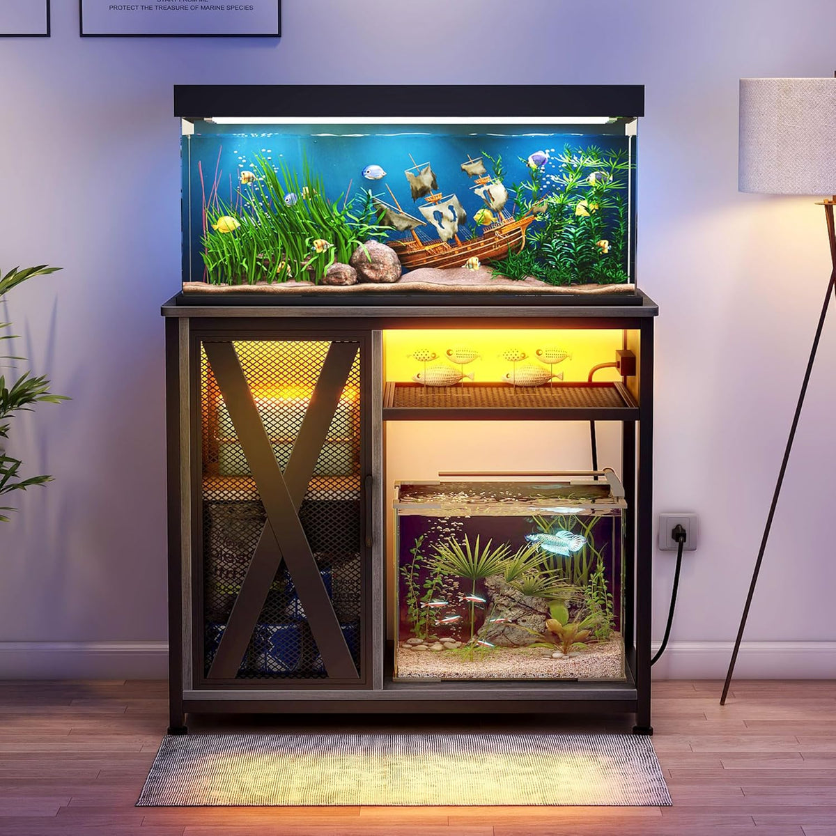 DWVO 40-50 Gallon Aquarium Stand with Power Outlets & LED Light, Cabinet for Fish Tank Accessories