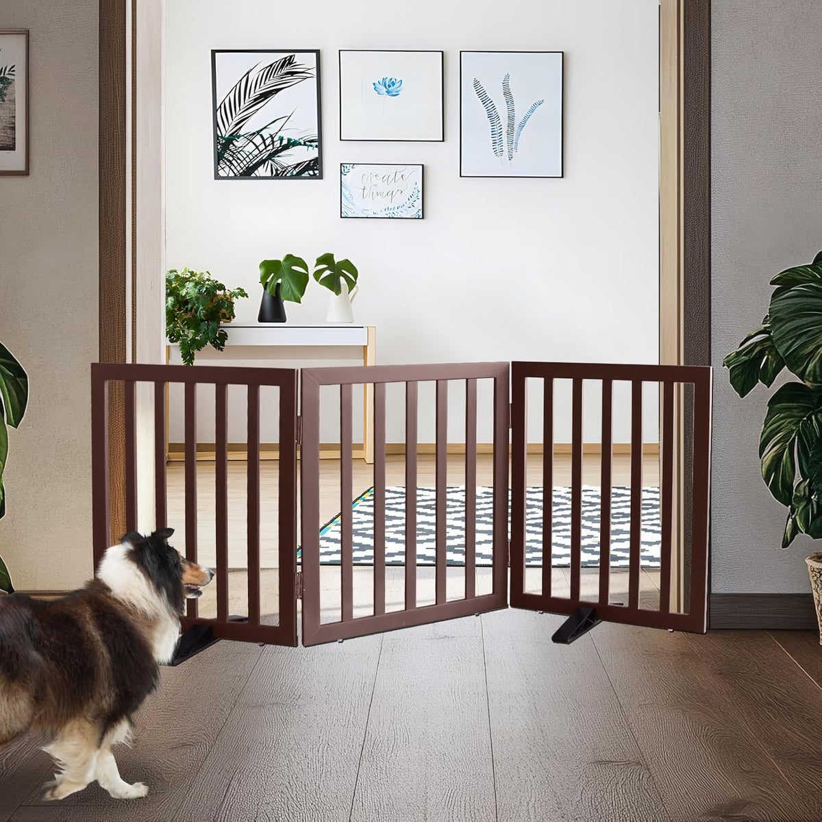 ZJSF Freestanding Indoor Dog Gate for House Foldable Wood Puppy Gate for Doorways Pet Gate for