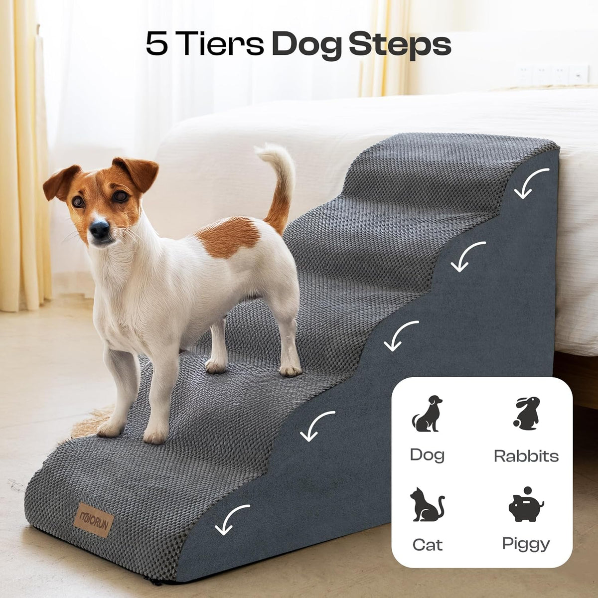 Dog Stairs for High Beds Up to 30", Extra-Tall 24.5" 5-Step Foam Pet Ramp with Washable Cover