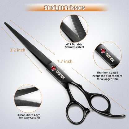 7.0in Titanium Professional Dog Grooming Scissors Set, GEMEK 6 in 1 Straight & Thinning & Upwards