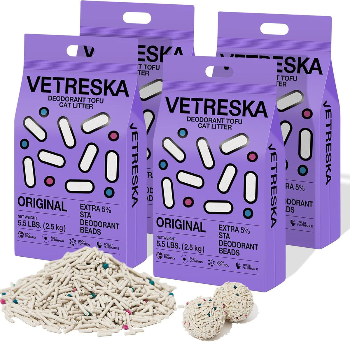 VETRESKA Tofu Cat Litter,Natural Kitty Litter Strong Clumping Flushable Cat Litter Pellets Ultra