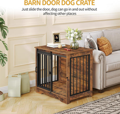 27.2" Dog Crate Furniture with Barn Door, Heavy Duty Dog Kennel Indoor with 2 Doors, Wooden Pet