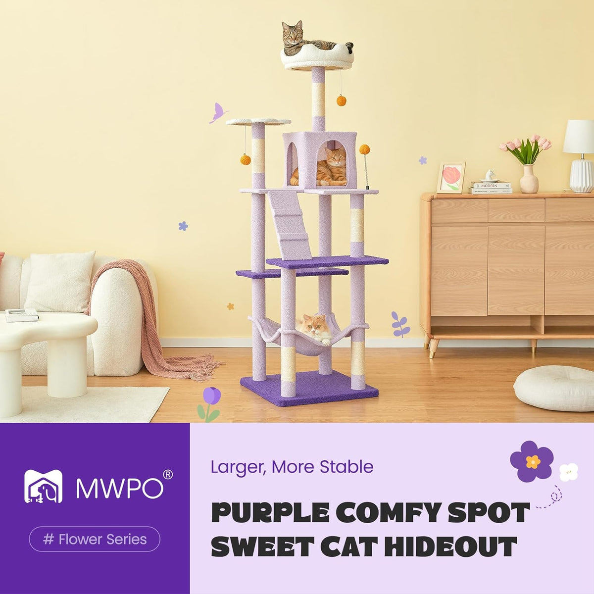 MWPO Flower Large Cat Tree, 70.1-Inch Multi-Level Tall Cat Tower for Indoor Cats, Plush Cat Condo