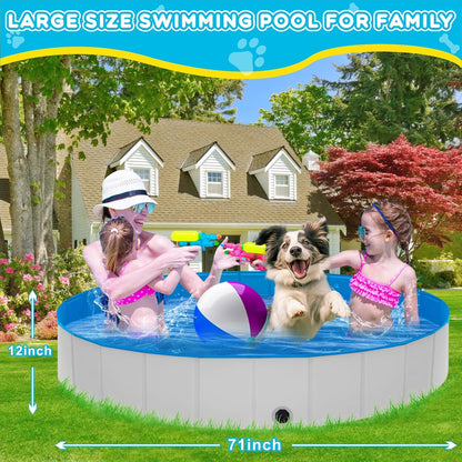 Extra Large Foldable Dog Pool,71"x 12" Portable Anti-Slip Kiddie Pool Hard Plastic, Swimming Pool
