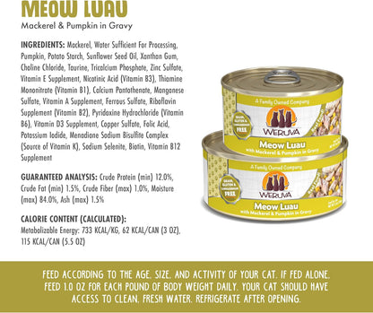 Weruva Classic Cat Food, Meow Luau with Mackerel & Pumpkin in Gravy, 5.5oz Can (Pack of 24)