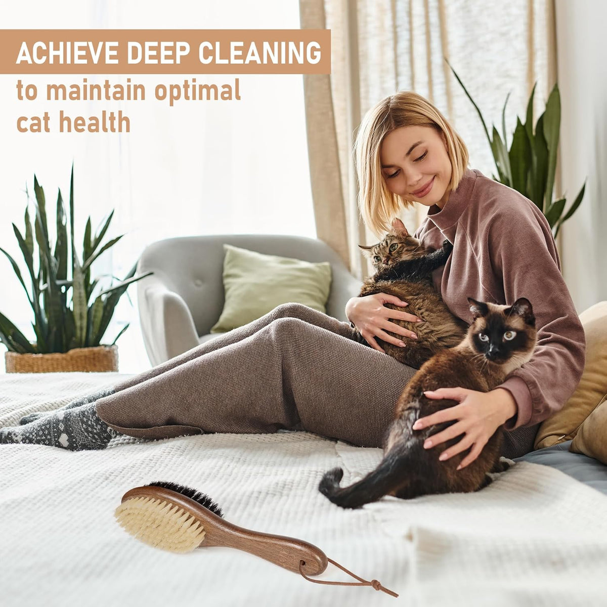 Takavu Double-Sided Boar Bristle Cat Brush - Natural Grooming Tool for Gentle Cleaning, Shine &