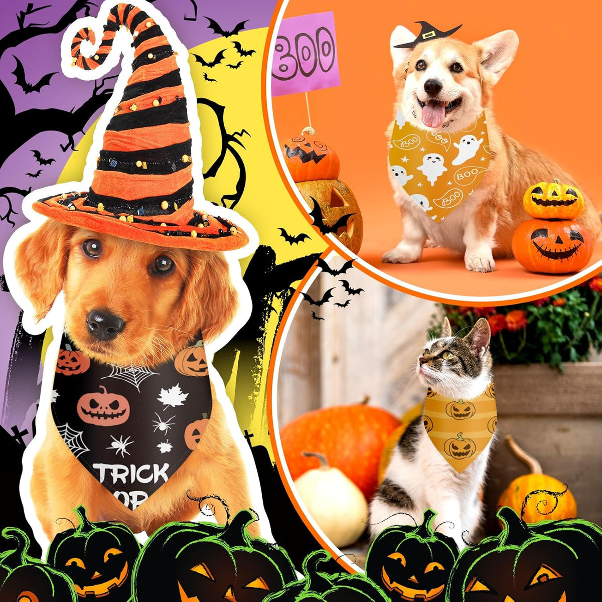 Chunful 30 Pcs Halloween Dog Bandanas Bulk Triangle Bandanas for Dogs Grooming with Pumpkin Ghost