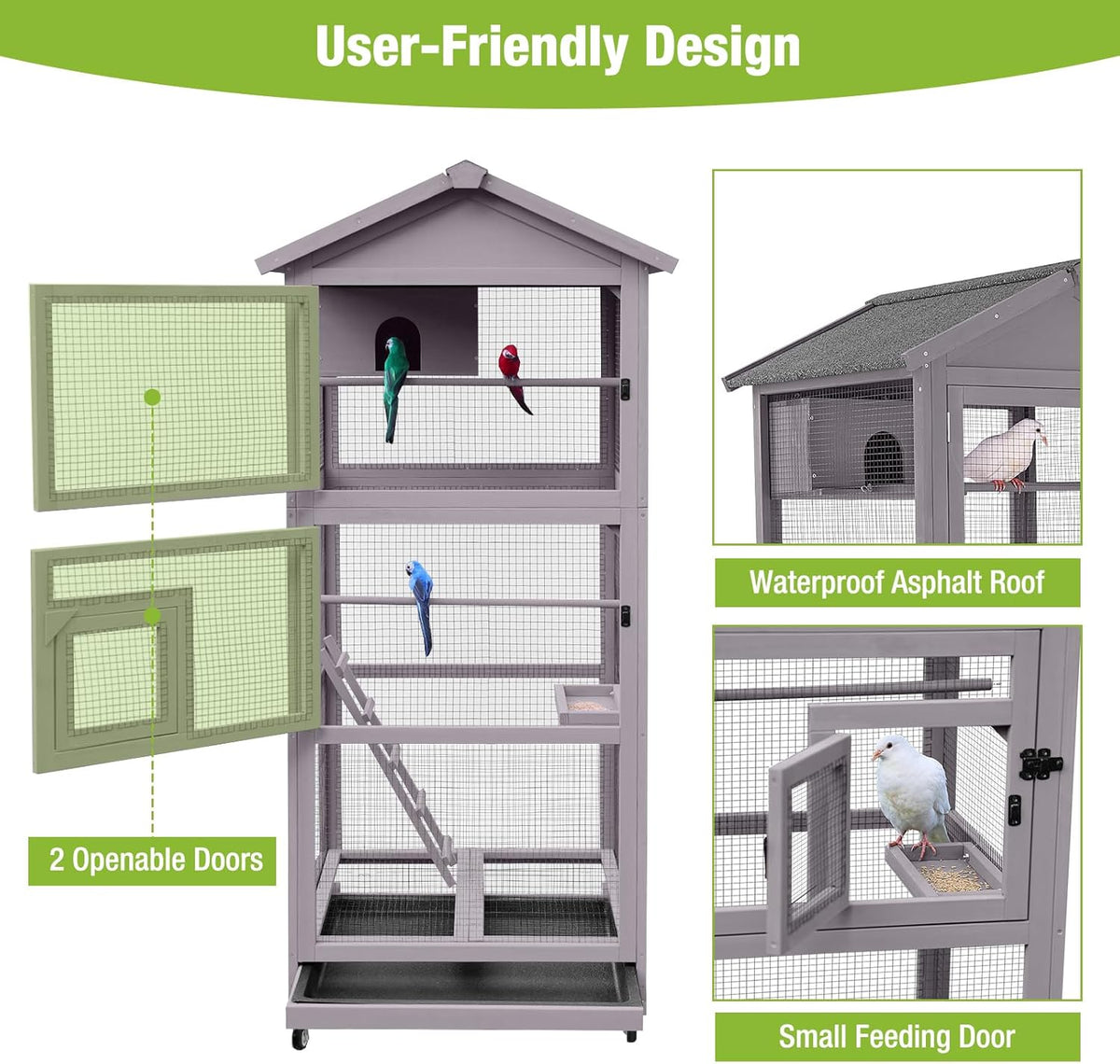 GUTINNEEN Large Bird Cage Outdoor Wooden Aviary Indoor on Wheels, with Play Stand, Perches, Nest