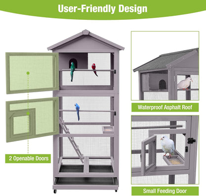 GUTINNEEN Large Bird Cage Outdoor Wooden Aviary Indoor on Wheels, with Play Stand, Perches, Nest
