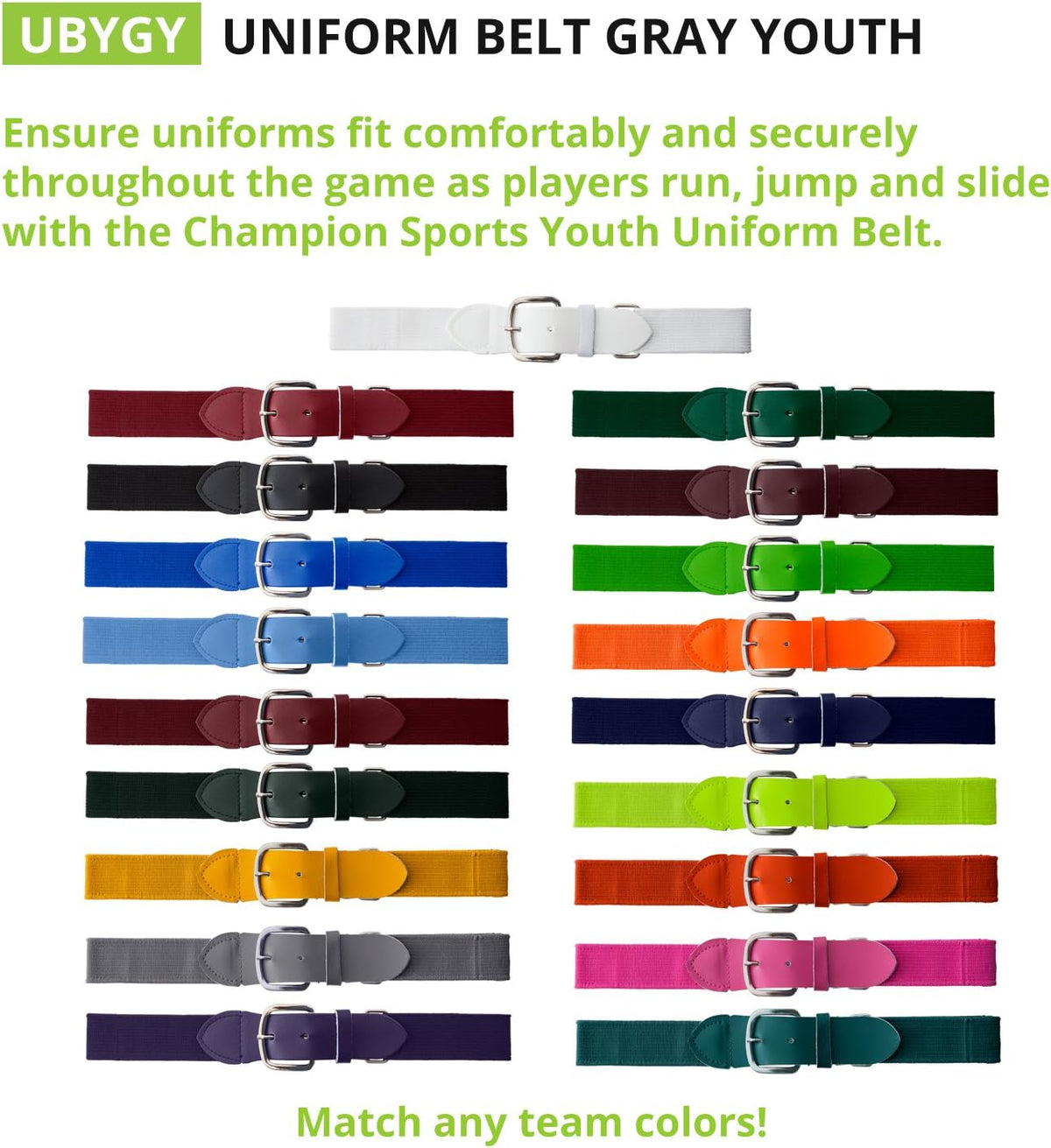 Champion Sports Baseball/Softball Uniform Belt, Comfort Stretch Fit Durable Syntex Tab - Youth &