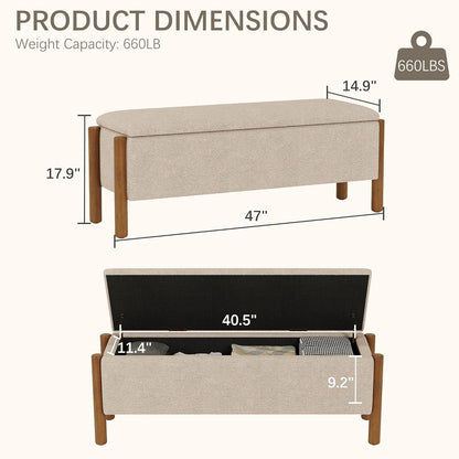Modern Storage Benches with Walnut Wood Legs, 47'' Ottoman Bench with 20 Gallons Storage Space for