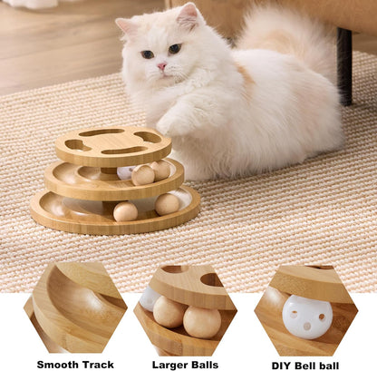 Cat Ball Track Toy with Puzzle Top, Wooden Cat Toys for Indoor Cats with Spinning Balls