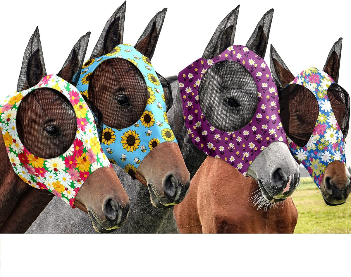 Frienda 4 Pieces Horse Fly Masks with Ears Face Covering UV Protection from Insect Pests Elasticity