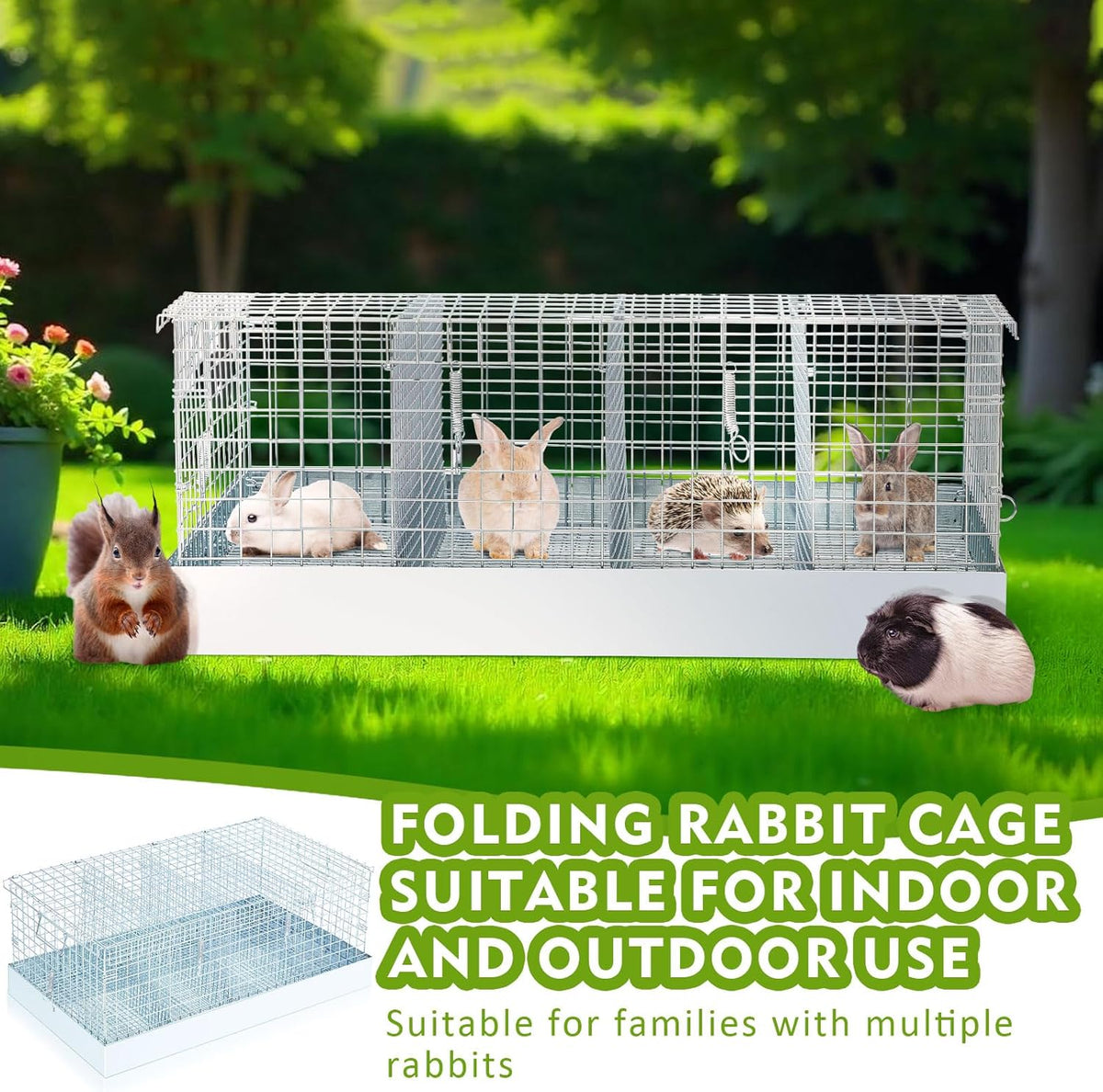 Folding Rabbit Cage, 28 x 16 x 12 in Portable Bunny Carrier with Tray and Handles for Transport