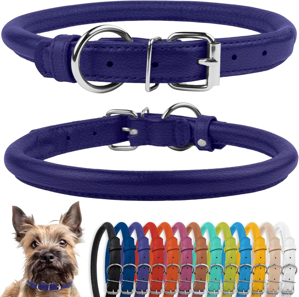 CollarDirect Rolled Leather Dog Collar, Soft Padded Round Puppy Collar, Handmade Genuine Leather