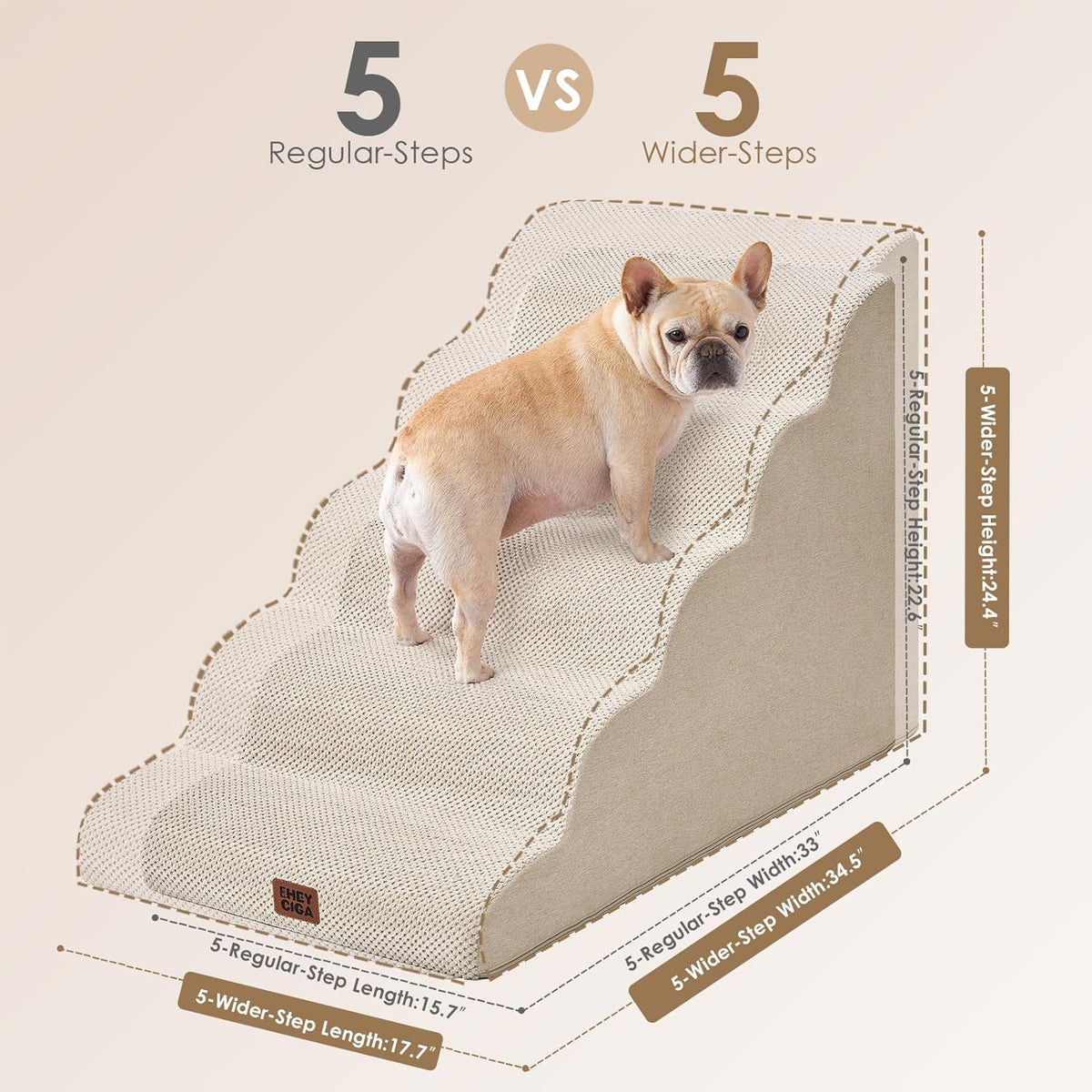 EHEYCIGA Curved Dog Stairs Ramp for High Beds, 5-Step Extra Wide Dog Steps for Small Dogs and Cats
