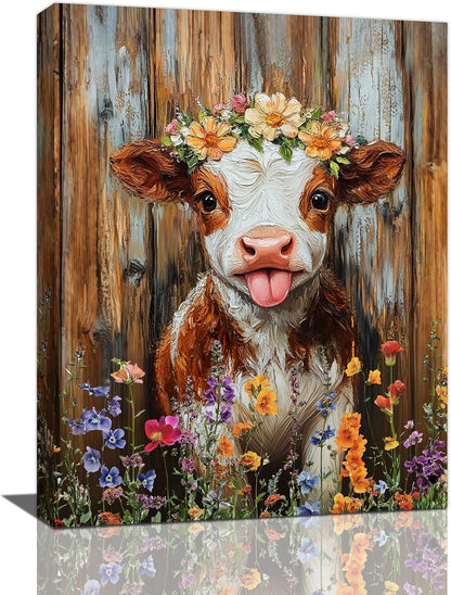 Funny Cow Bathroom Pictures Wall Art, Rustic Brown Cute Cow Bathroom Wall Decor, Farmhouse Floral